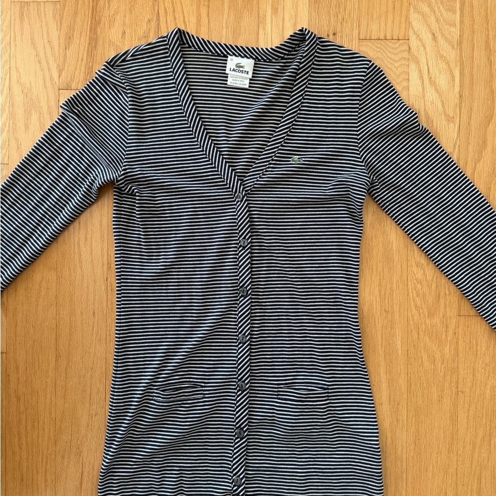 Lacoste Navy and White Striped V-Neck women Cardigan. Never worn top size 38